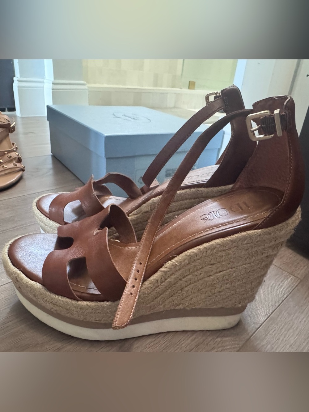 Women’s Tan Leather Espadrille Wedge Sandals with Ankle Buckle